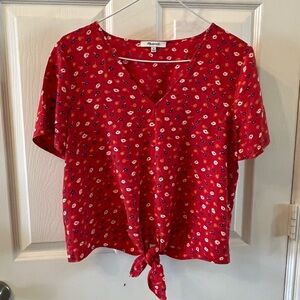 Madewell Red Floral Short Sleeve Tie-Front Top, Size Medium